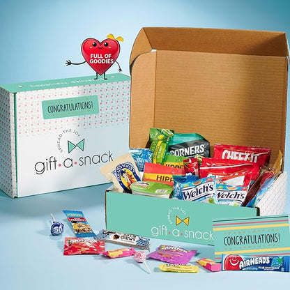 Gift A Snack - Congratulations Snack Box Variety Pack Care Package + Greeting Card (45 Count) Graduation Sweet Treats Gift Basket, Candies Chips Crackers Bars - Food Assortments