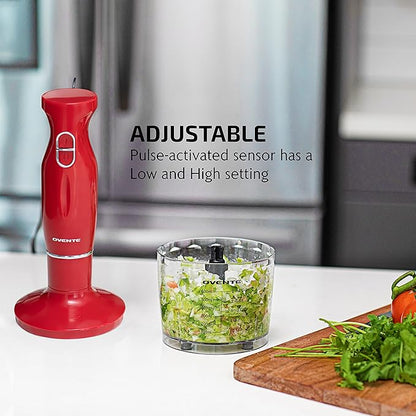 OVENTE Immersion Hand Blender, 300W Electric Handheld Portable Stick Mixer Set with 2 Mixing Speed, Stainless Steel Blades, Egg Whisk Attachment, Mixing Beaker and BPA-Free Food Chopper, Red HS565R