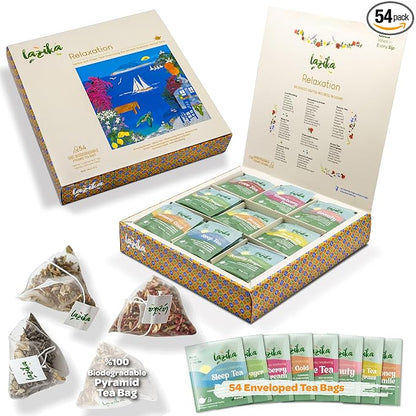 Lazika Herbal Tea Variety Pack with Lovely Presentation Box, 54 Counts, Relaxation Tea Assortment Gift Set, Premium Collection with Pyramid Infuser Bag, Handcrafted