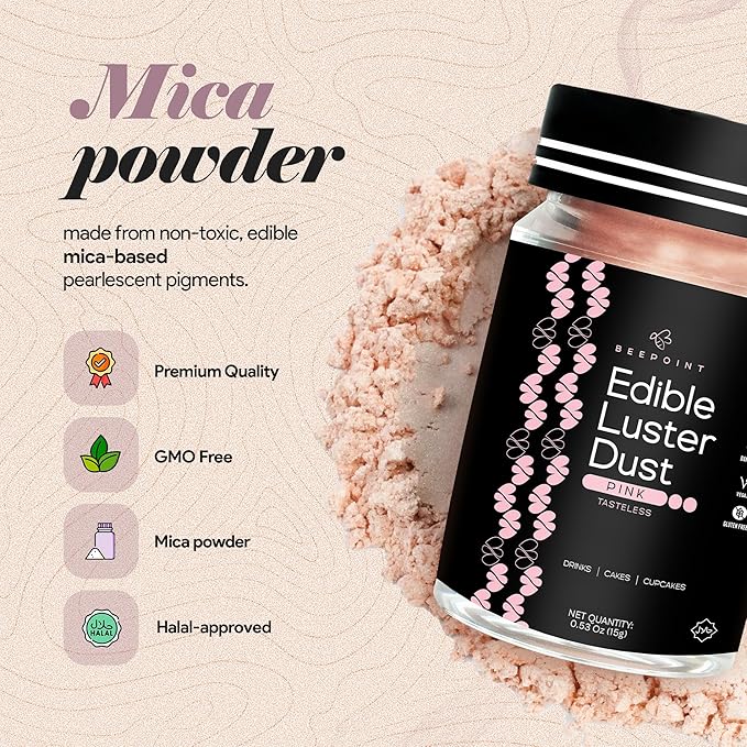 BeePoint Pink Edible Luster Dust 15g - Food Grade, Vibrant Color Shimmer Powdered Dust for Drinks, Cocktails, Cake Decorating, Baking, Chocolates, Candy, Sweets, & Cookies - Vegan & Gluten Free