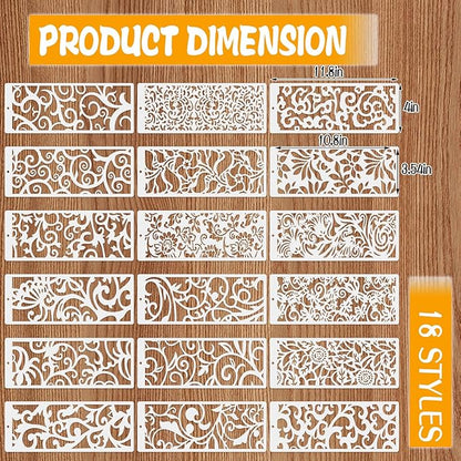 18 Pcs Large Flower Border Stencils for Painting, Reusable Plastic Leaf Cake Decorating Stencils for Baking, Hollowed Floral Edge Painting Templates for DIY Wood Wall Tile Furniture Canvas, 4" x 11.8"