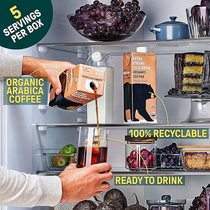 Wandering Bear Organic Cold Brew Coffee, Variety Pack, 32 fl oz (3pk - Vanilla, Caramel, Mocha) - Extra Strong, Bold, Smooth, Unsweetened, Shelf-Stable, Ready to Drink, Iced Cold Brewed Coffee Drinks