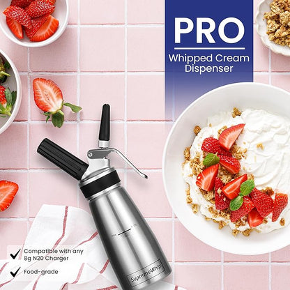 PRO Cream Dispenser, Durable High-Grip, Metal Lid with Rubber, 3 Nozzles, for Hot/Cold Use, Cleaning Brush Included, Silver - 250 ml/1 Pint