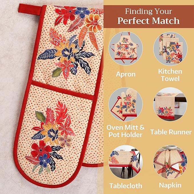 Maison d' Hermine Double Oven Mitts 100% Cotton 7"x35" Double Oven Mitt Heat Resistant BBQ Cooking Gloves with Loop, Baking, Grilling, Home, Kitchen, Handling Hot Pans (Kalahari)