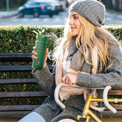 IDEUS Insulated Stainless Steel Water Bottle with 2 Leak-Proof Lids, Thermal Water Flask for Hiking Biking, 24oz, Green