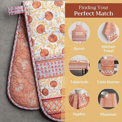 Maison d' Hermine Double Oven Mitts 100% Cotton 7"x35" Double Oven Mitt Heat Resistant BBQ Cooking Gloves with Loop, Baking, Grilling, Home, Kitchen, Handling Hot Pans (Harvest Festival)