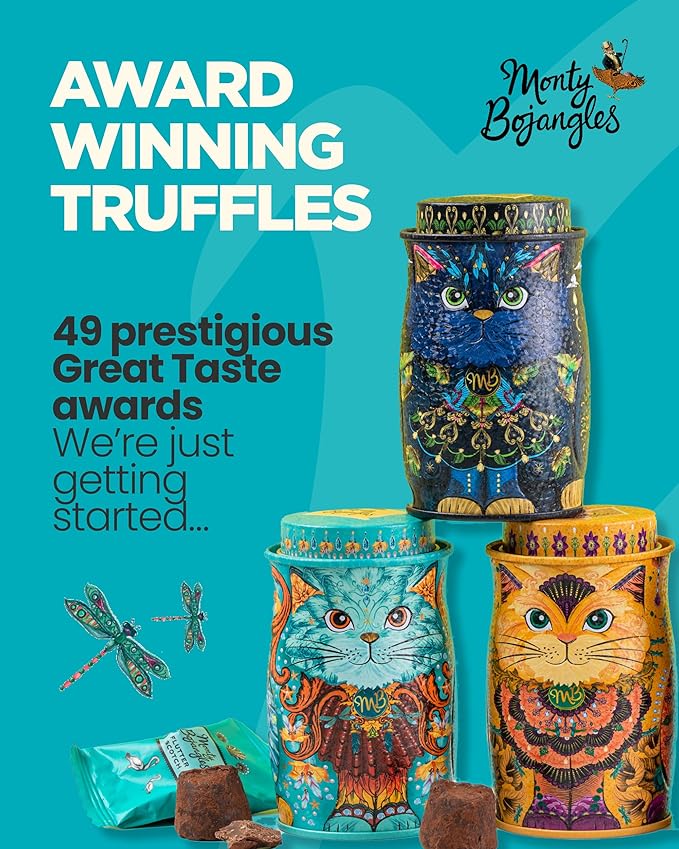 Monty Bojangles Spirit Blue Cocoa Dusted Truffles Cat Tin (4.37 oz) - Coconut Crush Luxury Chocolatey Truffles - Collectable Cat Tin Chocolate Gift