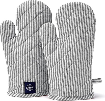 Encasa Homes Long 12"x7" Oven Microwave Hand Gloves Mitts (2 pc Set) for Kitchen Cooking & Baking - Heat Resistant, Thick & Safe, Protection of Hands from Hot Utensils - Ticking Black