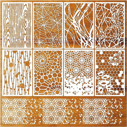 8 Pieces Stencils for Crafts Reusable Texture Spider Stencils Net Wood Grain Stone Spray Paint Layering Stencil Templates for DIY Scrapbook