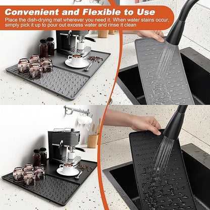 Silicone Coffee Mat, 24 x 16 Inch Non-Slip Heat Resistant, Large and Small Combination Bar Mat, Convex Edge Spill Resistant Design for Coffee Machines and Kitchen Countertops,Wave Pattern Black