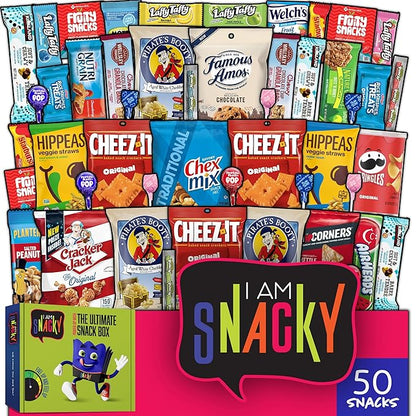 I AM Snacky - Thanksgiving Snack Box Variety Pack Care Package + Greeting Card - SNACKY'S BLISS BITES (50 Count) Birthday Sweet Treats Gift Basket, Candies Chips, Office Food Assortments