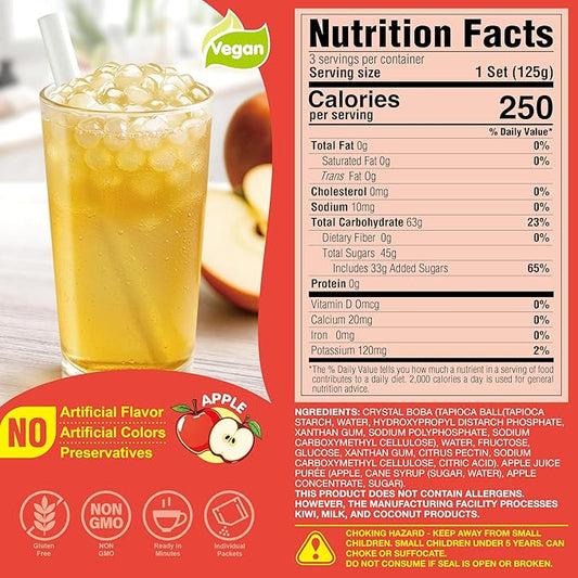 J WAY Instant Boba Bubble Pearl Apple Juice Drinks Kit with Authentic Crystal Tapioca Boba, Ready in Under One Minute, Paper Straws Included, 3 Servings