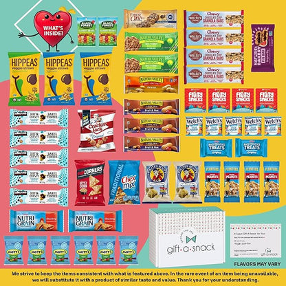 Gift A Snack - Thanksgiving, Holiday, Christmas Stocking Stuffer Healthy Snack Box Care Package + Greeting Card (50 Count) Birthday Treats Gift Basket, Nutritious Granola Breakfast Bars