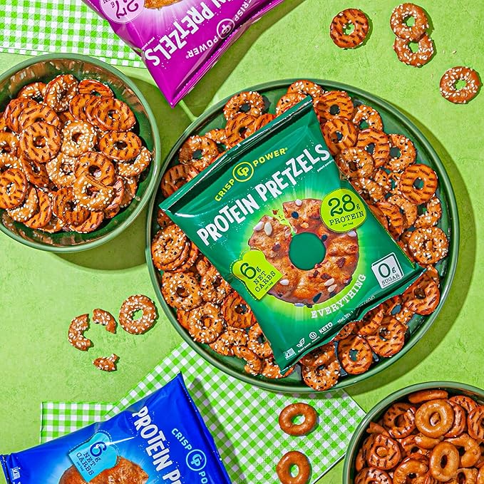 Crisp Power Protein Pretzels, Variety Pack With Sea Salt, Sesame, & Everything, Vegan Keto Snack, Plant Based Protein, Low Carb Crunchy Pretzel Snacks, No Added Sugar, No Seed Oils, 1.75 Oz Bags, 6 Pack