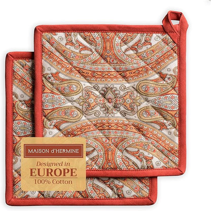 Maison d' Hermine Pot Holders Set 100% Cotton Heat Resistant Potholders 8" x 8" Hot Pads with Loop BBQ, Cooking, Baking, Grilling, Kitchen, Handling Hot Pans (Pack of 2, Kashmir Paisley)