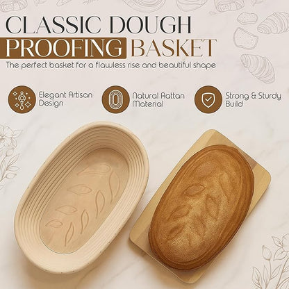 Premium Banneton Bread Proofing Basket - 9 Inch Oval Sourdough Banneton Basket With Built in Wooden Leaf and Wheat Stamp, Brush & Storage Bag - Sourdough Bread Baking Supplies