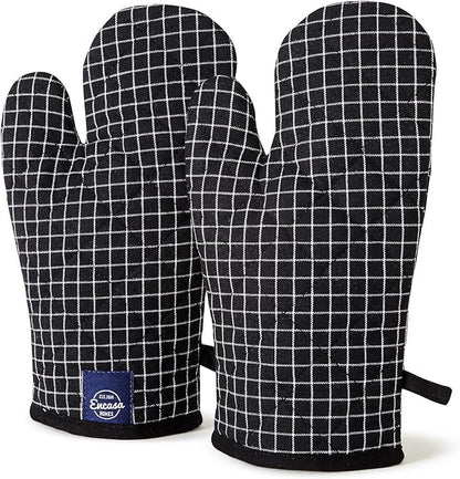 Encasa Homes Long 12" Oven Microwave Hand Gloves Mitts (2 pc Set) for Kitchen Cooking & Baking - Heat Resistant, Thick & Safe, Protection of Hands from Hot Utensils - Butcher Checks Black