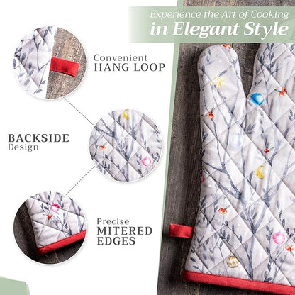 Maison d' Hermine 100% Cotton Oven Mitt & Pot Holder Set (7.5"x13" & 8"x8") Heat Resistant BBQ Cooking Gloves with Loop, Baking, Grilling, Kitchen, Handling Hot Pans (Fairy Christmas)