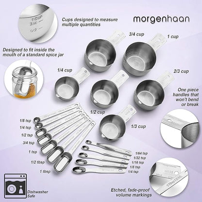 Heavy-Duty 304 Stainless Steel Measuring Cup Set (18-Piece) - Stackable, Dual Metric/US, Long & Narrow Spoons for Spice Jars + 5 Mini Spoons