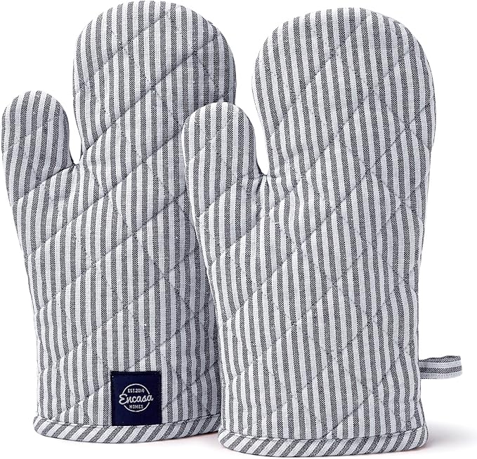 Encasa Homes Long 12"x7" Oven Microwave Hand Gloves Mitts (2 pc Set) for Kitchen Cooking & Baking - Heat Resistant, Thick & Safe, Protection of Hands from Hot Utensils - Ticking Navy Blue