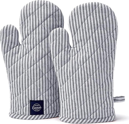Encasa Homes Long 12"x7" Oven Microwave Hand Gloves Mitts (2 pc Set) for Kitchen Cooking & Baking - Heat Resistant, Thick & Safe, Protection of Hands from Hot Utensils - Ticking Navy Blue