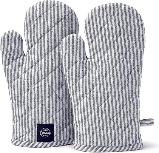 Encasa Homes Long 12"x7" Oven Microwave Hand Gloves Mitts (2 pc Set) for Kitchen Cooking & Baking - Heat Resistant, Thick & Safe, Protection of Hands from Hot Utensils - Ticking Navy Blue