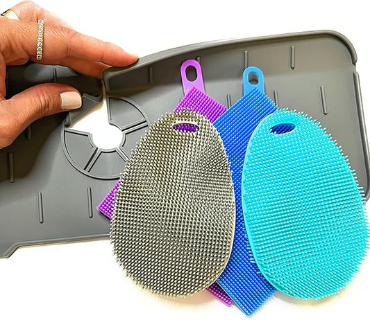 Faucet Mat for Sink - Silicone Scrubber Dish Set, Splash Guard, Food Grade BPA Free Kitchen Scrubber