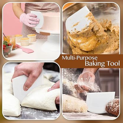 Plastic Bench Scraper for Baking - 2 White Bowl Scraper - Flexible Food Safe Dough Scraper Multipurpose Good Grip Curved and Flat Edge Dough Cutter - Essential Pan Scraper for Kitchen Use - RamPro
