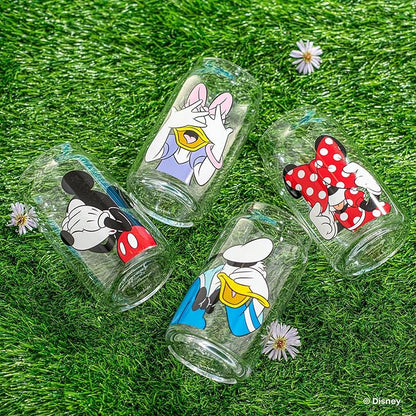 JoyJolt Disney Mickey Mouse & Friends Peek-a-Boo Collection Tumblers, 16oz Can Shape Tumbler Drinking Glass Cups Set, Glass Tumbler Set of 4 w/Glass Straws, Disney Gifts, Mickey Mouse Glasses