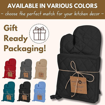 Native Fab Pot Holders and Oven Mitts Sets for Kitchen Heat Resistant - Hanging Non-Slip - 100% Cotton Kitchen Oven Mitts and Pot Holders 4-Piece Set - Black