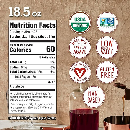 Organic Agave In The Raw Light Agave Nectar, 18.5 oz., Made With Organic Blue Agave From Mexico, USDA Organic, Non-GMO Project Verified, Kosher Vegan and Low Glycemic Index