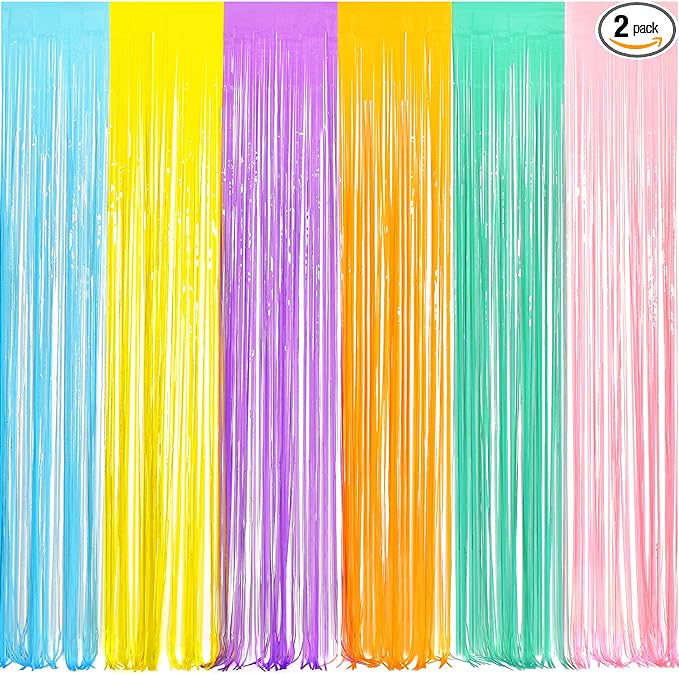 BRAVESHINE Tinsel Foil Fringe Curtains - 2Pcs 3.2x8.2ft Pastel Colourful Photo Backdrop for Sweet Birthdays Easter Bunny Bridal Shower Fairy Kids Candy Donut Party Decorations