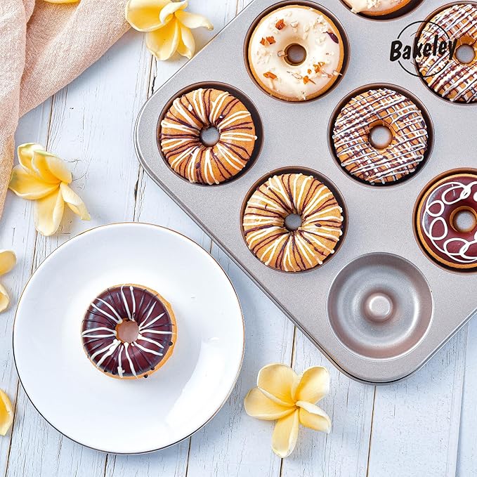 Donut Pan, 12-Cavity Non-Stick Dount Mold Cake Pan Pattern Doughnut Bakeware for Oven Baking (Champagne Gold)