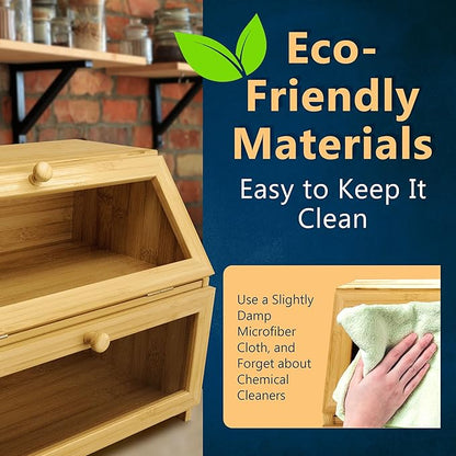 Bamboo Bread Box Space Saving Rustic Flat-Top Bread Bin for Countertop - Store Bread Cake and Baked Goods - 15 x 9.8 inches (2 Tier box)