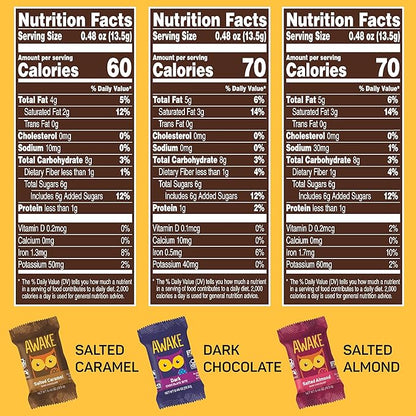 AWAKE - Caffeinated Chocolate Bites - USA Variety Pack (3 Flavors) 50 Bites - Dark, Salted Caramel, & Salted Almond - 50mg Caffeine - Coffee Alternative - Fairtrade - Gluten-Free - Non GMO - 0.48oz