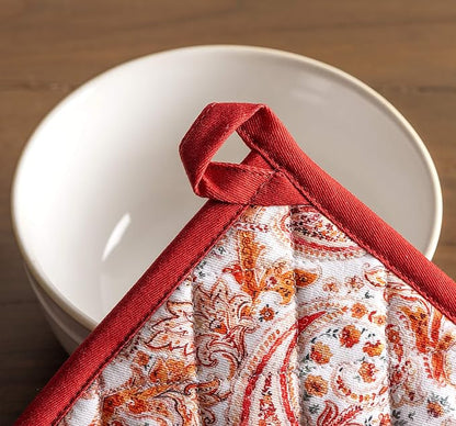 Maison d' Hermine 100% Cotton Oven Mitt & Pot Holder Set (7.5"x13" & 8"x8") Heat Resistant BBQ Cooking Gloves with Loop, Baking, Grilling, Kitchen, Handling Hot Pans (Orient)