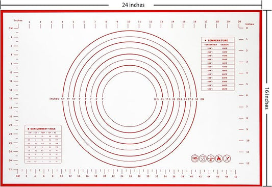 Yansumi silicone pastry non stick baking mat with measurement fondant mat with three sizes for silicone baking mat, counter mat, dough rolling mat,fondant/pie crust mat. (L,24"L x 16"W,Red)