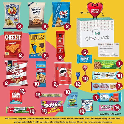 Gift A Snack - Thanksgiving, Holiday, Christmas Stocking Stuffer Snack Box Variety Pack Care Package + Greeting Card (150 Count) Birthday Sweet Treats Gift Basket, Candies Chips Crackers Bars