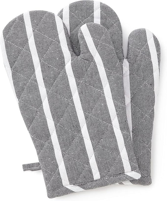 Encasa XO Long 12"x7" Oven Microwave Hand Gloves Mitts (2 pc Set) for Kitchen Cooking & Baking - Heat Resistant, Thick & Safe, Protection of Hands from Hot Utensils - Roma Grey Stripes