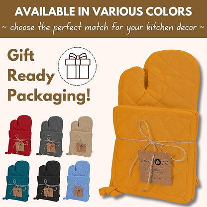 Native Fab 4 Piece Set - 2 Oven Mitts & 2 Potholders, Heat Resistant, 100% Cotton, Quilted Design, Non-Slip Grip, Machine Washable, Ideal for Baking, Cooking, BBQ, Kitchen Protection - Mustard Yellow