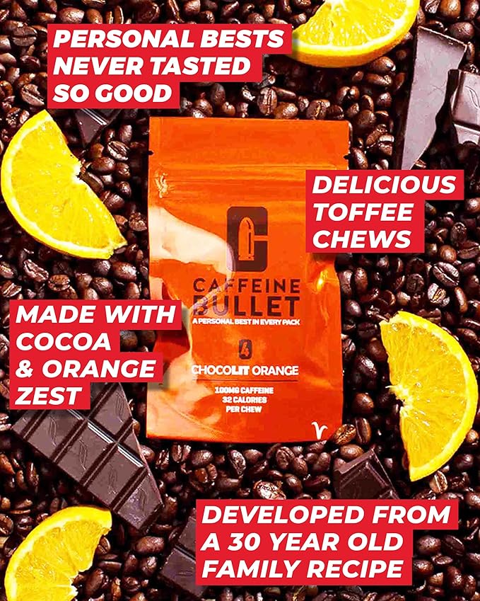 Caffeine Bullet Energy Chews - Chocolate Orange. 80 * 85mg - Faster Kick Than Pills, Gels and Gum. Sport Science for Running, Cycling, Gaming & A Pre Workout Endurance Boost.
