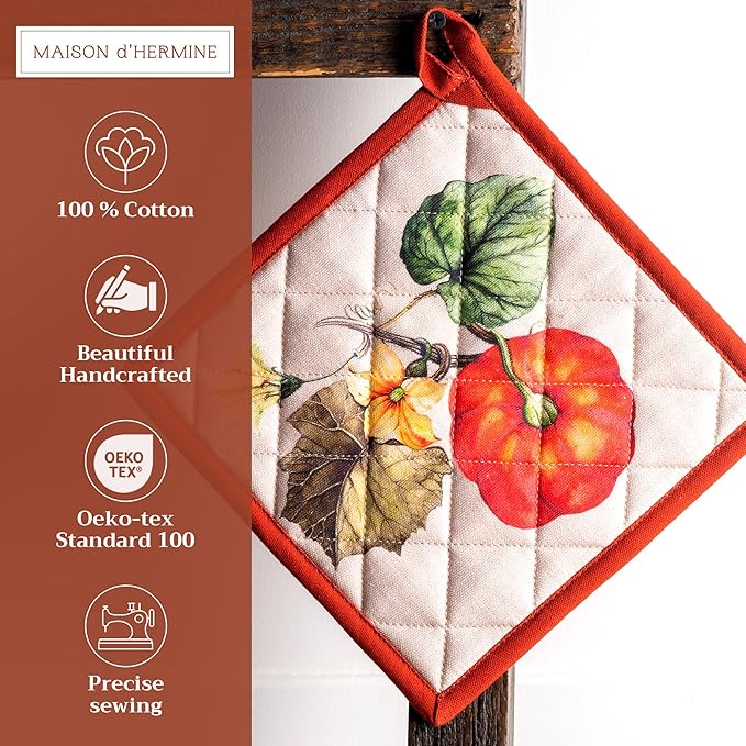 Maison d' Hermine Pot Holders Set 100% Cotton Heat Resistant Potholders 8" x 8" Hot Pads with Loop BBQ, Cooking, Baking, Grilling, Kitchen, Handling Hot Pans (Pack of 2, Potiron)