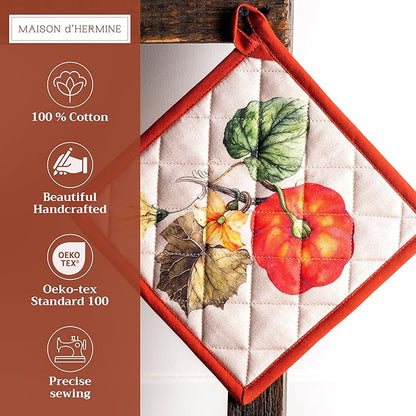 Maison d' Hermine Pot Holders Set 100% Cotton Heat Resistant Potholders 8" x 8" Hot Pads with Loop BBQ, Cooking, Baking, Grilling, Kitchen, Handling Hot Pans (Pack of 2, Potiron)