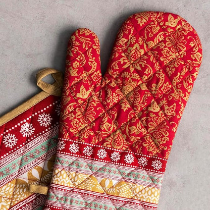 Maison d' Hermine 100% Cotton Oven Mitt & Pot Holder Set (7.5"x13" & 8"x8") Heat Resistant BBQ Cooking Gloves with Loop, Baking, Grilling, Kitchen, Handling Hot Pans (Sofia)