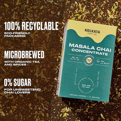 Kolkata Chai - Sugar Free Masala Chai Concentrate for Chai Tea Latte, 64oz Microbrewed Premium Organic Black Tea and Spices, Unsweetened/Zero sugar, Vegan, All Natural, Makes 16 servings
