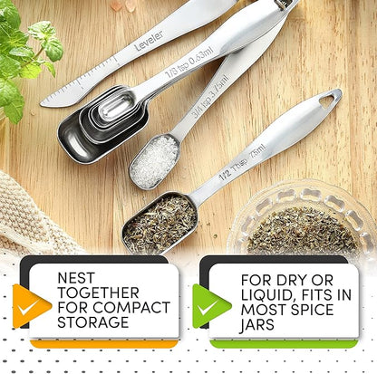 Spring Chef Stainless Steel Measuring Spoons Set of 8 with Leveler, Metal Teaspoon & Tablespoon Measuring Spoons for Dry & Liquid Ingredients, Fits in Spice Jars - Kitchen Gadgets For Baking & Cooking