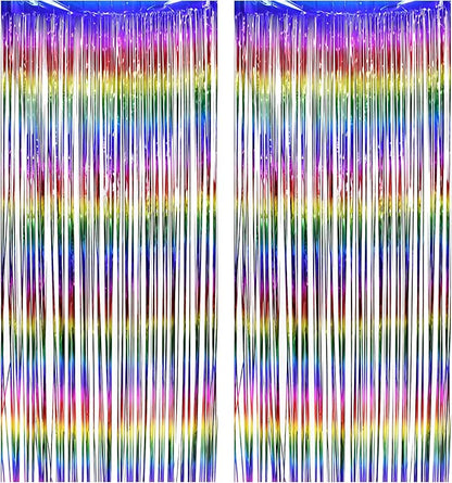BRAVESHINE Fringe Backdrop Tinsel Foil Curtains - 2 Pack Colorful Metallic Streamers Backdrops for Doorway Decor/80's/90's/Dance/Graduates/Rainbows-Theme/Candylands/Kids Birthdays Party Decorations