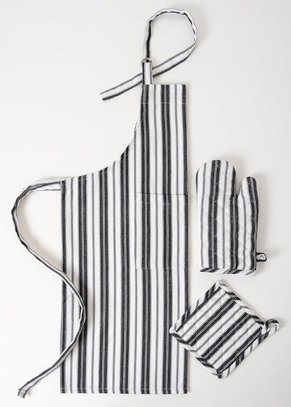1 Oven Mitt, 1 PotHolder & 1 Kitchen Apron Set - Durable Heat Resistant Gloves - Thick Mittens for Kitchen - Suitable for Cooking, Baking, Grilling – for Men & Women – Black Stripes - Casa De Lan