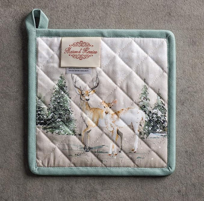 Maison d' Hermine Pot Holders Set 100% Cotton Heat Resistant Potholders 8" x 8" Hot Pads with Loop BBQ, Cooking, Baking, Grilling, Kitchen, Handling Hot Pans (Pack of 2, Deer in The Woods)