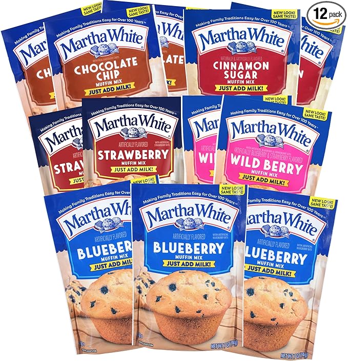 Martha White Muffin Mix Sampler Variety Pack, Pack of 12, Chocolate Chip, Blueberry, Strawberry, Cinnamon Sugar, Wildberry, Just Add Milk